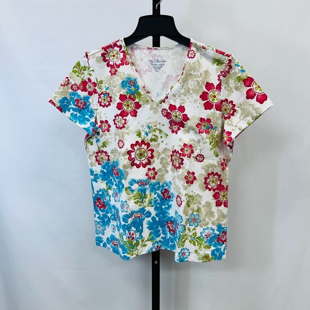 Chico's Women Size M (2) Short Sleeve Top T Shirt Floral Multicolor V Neck